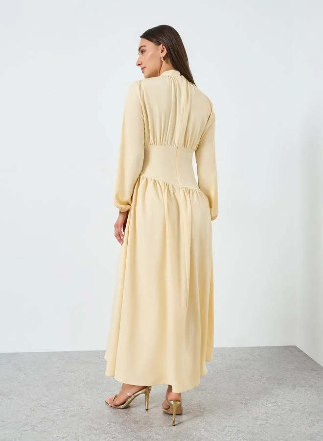 Styli  Women Beige Long Sleeves A-Line Midi Dress for Women | Best Price UAE